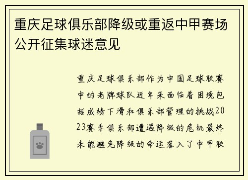 重庆足球俱乐部降级或重返中甲赛场公开征集球迷意见