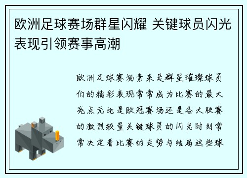 欧洲足球赛场群星闪耀 关键球员闪光表现引领赛事高潮