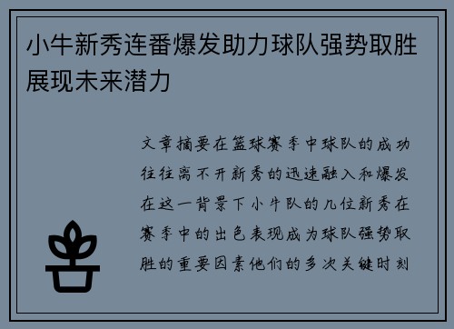小牛新秀连番爆发助力球队强势取胜展现未来潜力