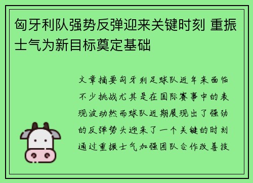 匈牙利队强势反弹迎来关键时刻 重振士气为新目标奠定基础