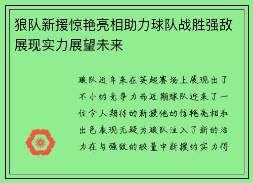 狼队新援惊艳亮相助力球队战胜强敌展现实力展望未来